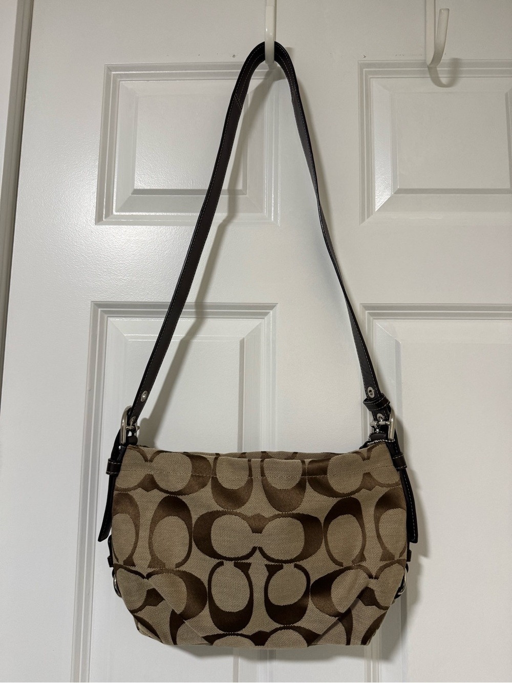 Coach Brown Signature Canvas Shoulder Bag with Dark Brown Strap
